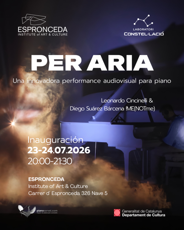 Cartel de «Per Aria», una actuación audiovisual inmersiva para piano a cargo de Leonardo Cincinelli y Diego Suárez Bárcena !ME(NOTme), presentada en ESPRONCEDA en el marco de Constellation Lab 2026.