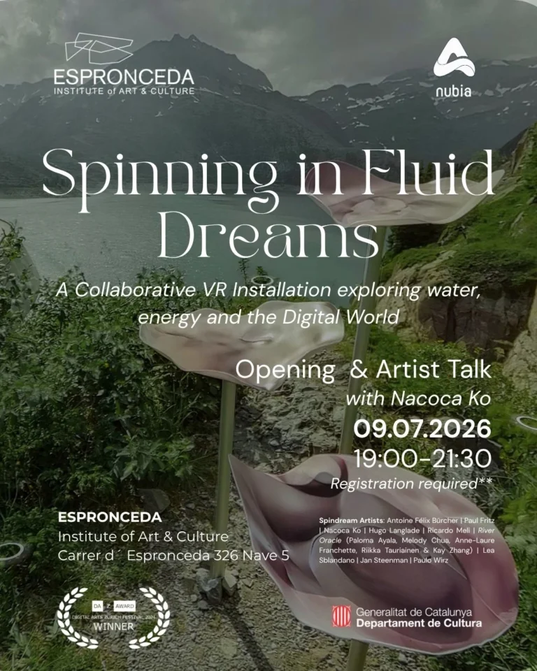 Poster for "Spinning in Fluid Dreams," a collaborative VR installation by Espronceda Institute of Art & Culture and Nubia, showing ceramic flower-shaped sculptures rising beside a mountain lake.