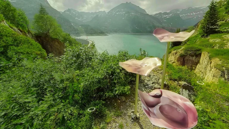 Spinning in Fluid Dreams VR world showing Bodies of Water by Lea Sblandano and Biface I by Jan Steenman