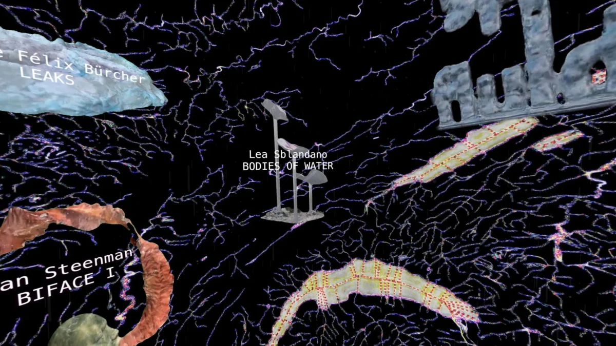 VR sculptures overlooking a Swiss hydroelectric lake in Spinning in Fluid Dreams