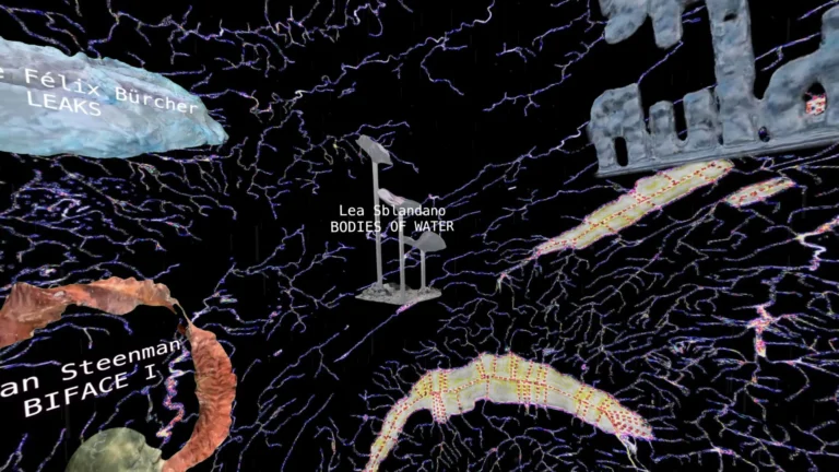 VR sculptures overlooking a Swiss hydroelectric lake in Spinning in Fluid Dreams